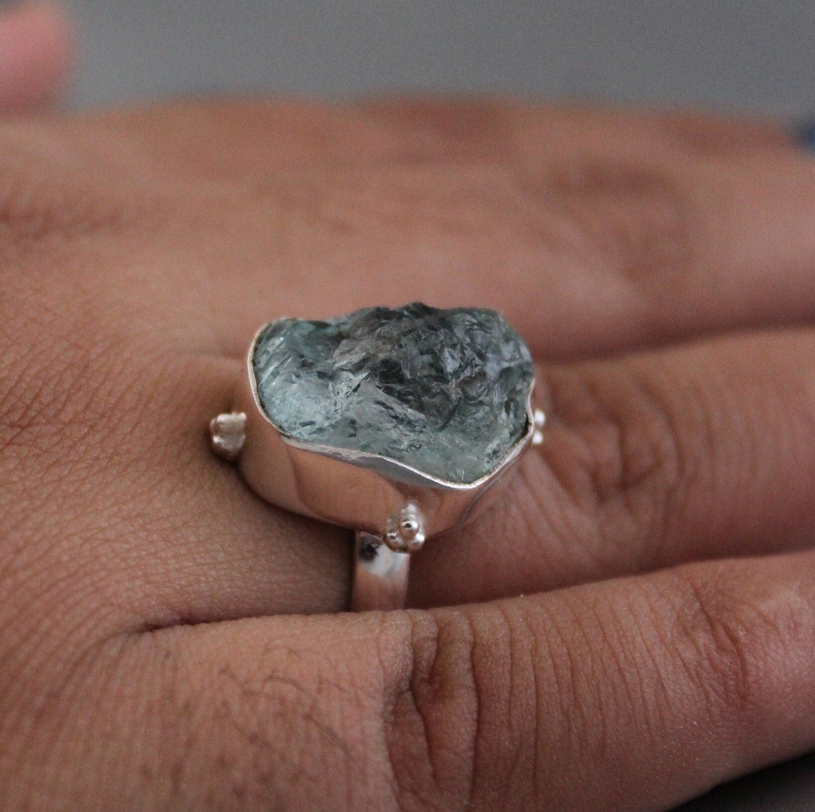 Raw Aquamarine Ring, March Birthstone 925 Sterling Silver Healing Crystal, Handmade Asymmetric Design with Crystal