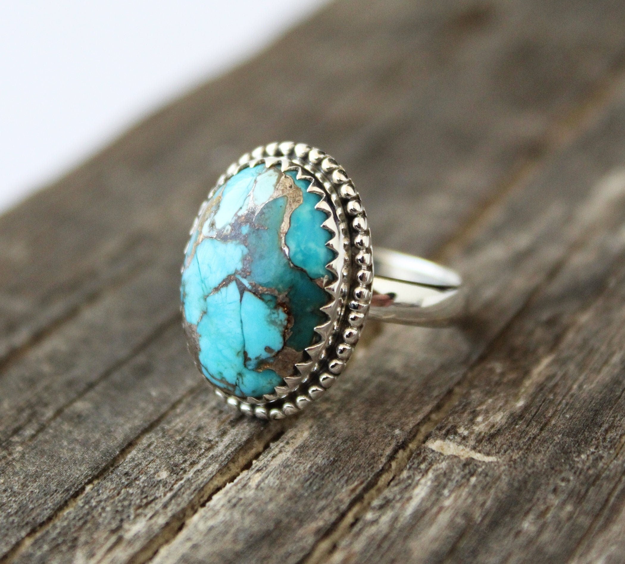 Sterling Silver Oval copper Turquoise Gemstone Ring, Bezel Solitaire Ring, Anniversary Ring