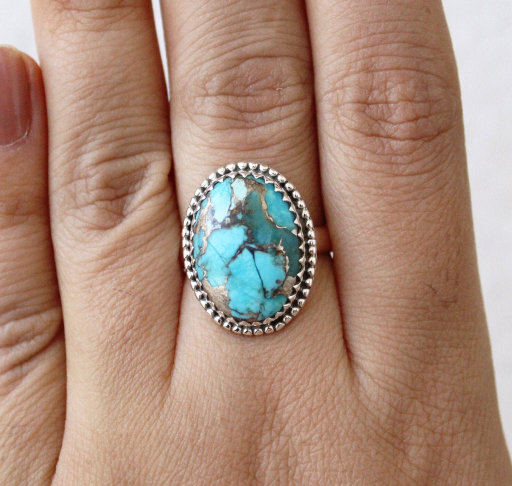 Sterling Silver Oval copper Turquoise Gemstone Ring, Bezel Solitaire Ring, Anniversary Ring