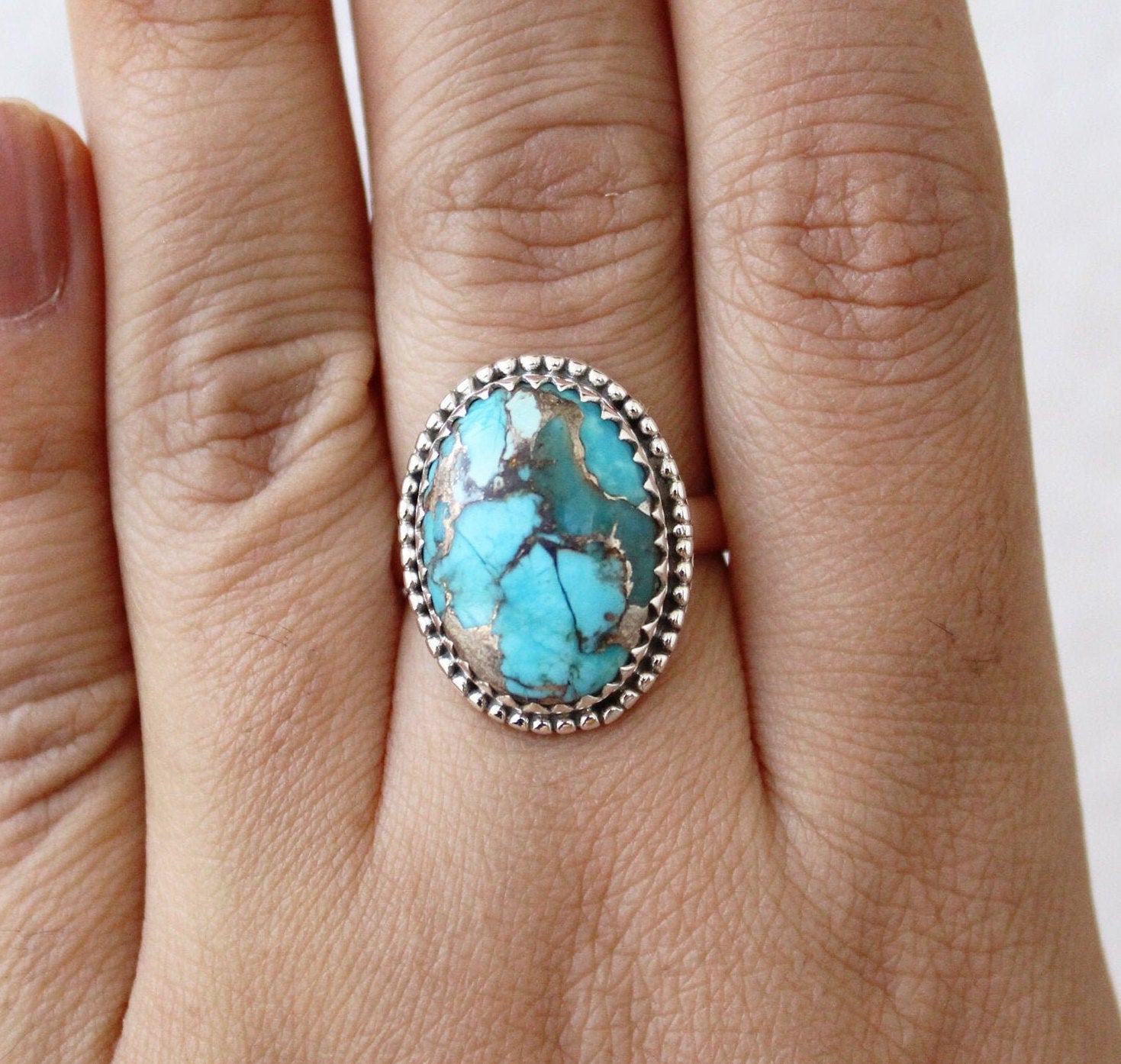 Sterling Silver Oval copper Turquoise Gemstone Ring, Bezel Solitaire Ring, Anniversary Ring