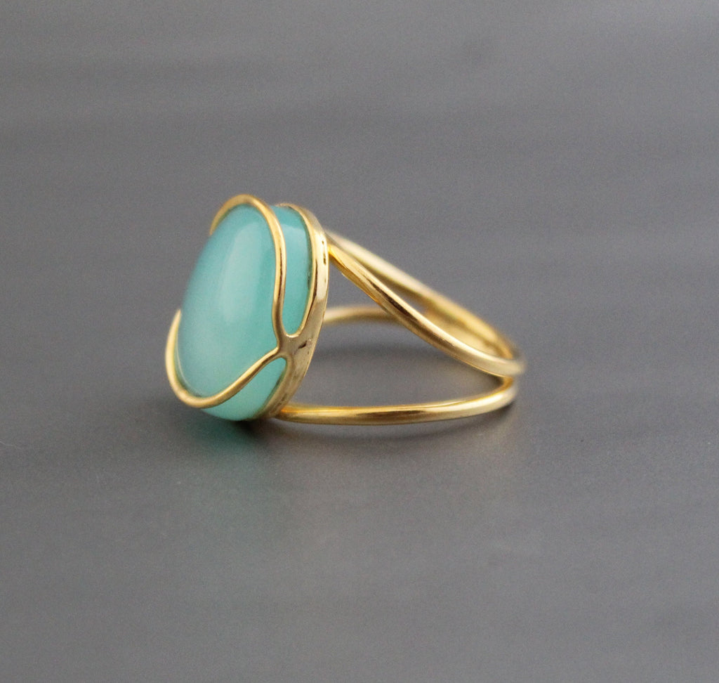 Aqua Chalcedony Ring: Oval Gemstone, 18K Gold & Sterling Silver, Handmade