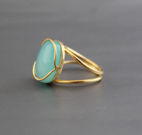 Aqua Chalcedony Ring: Oval Gemstone, 18K Gold & Sterling Silver, Handmade