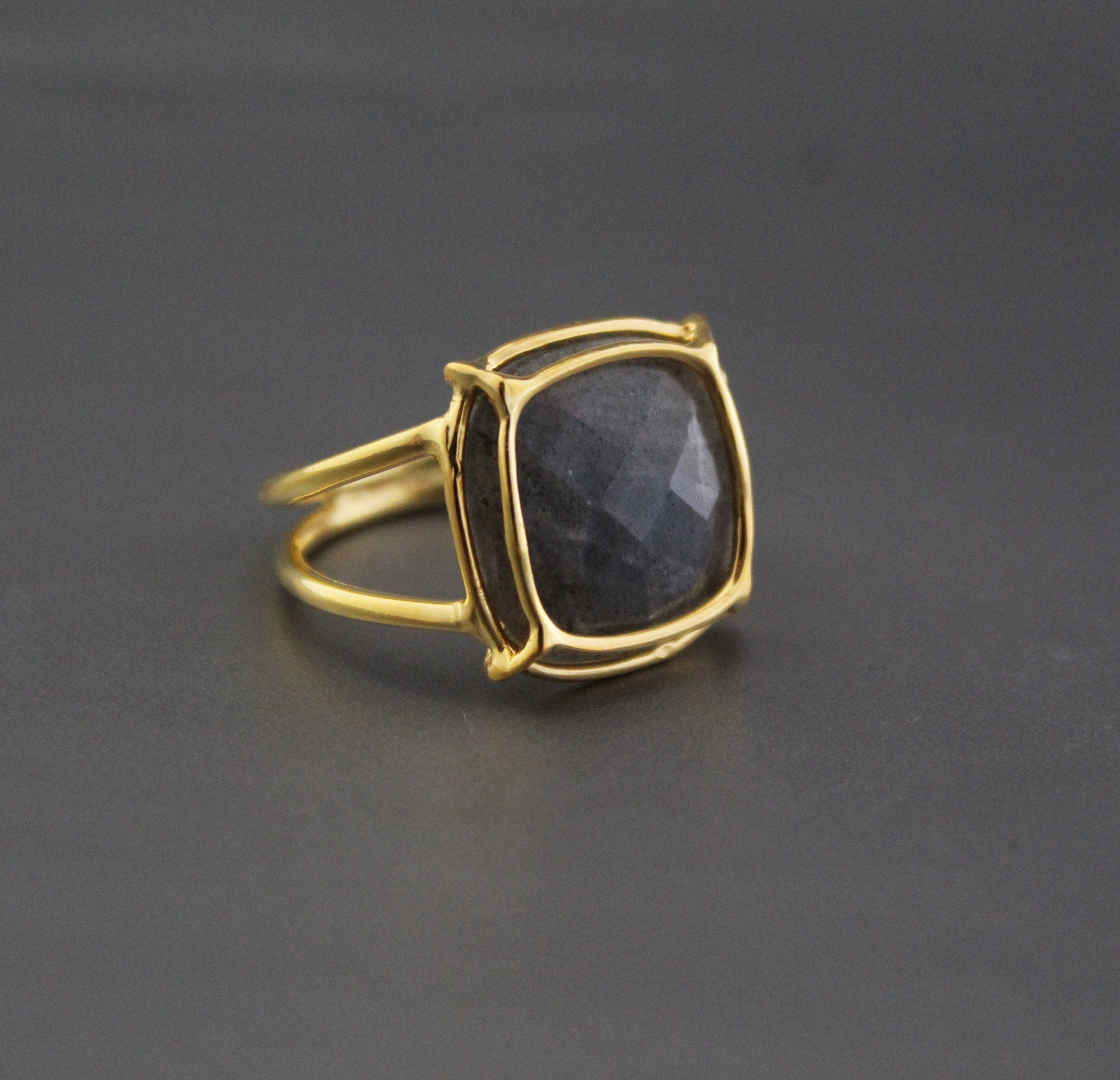 Natural Labradorite Ring, Gold Wired ring, Cushion 925 Sterling Silver Ring, Handmade Gemstone Jewelry