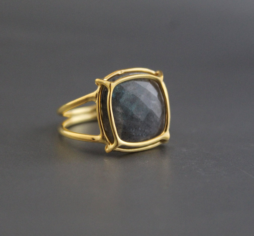 Natural Labradorite Ring, Gold Wired ring, Cushion 925 Sterling Silver Ring, Handmade Gemstone Jewelry