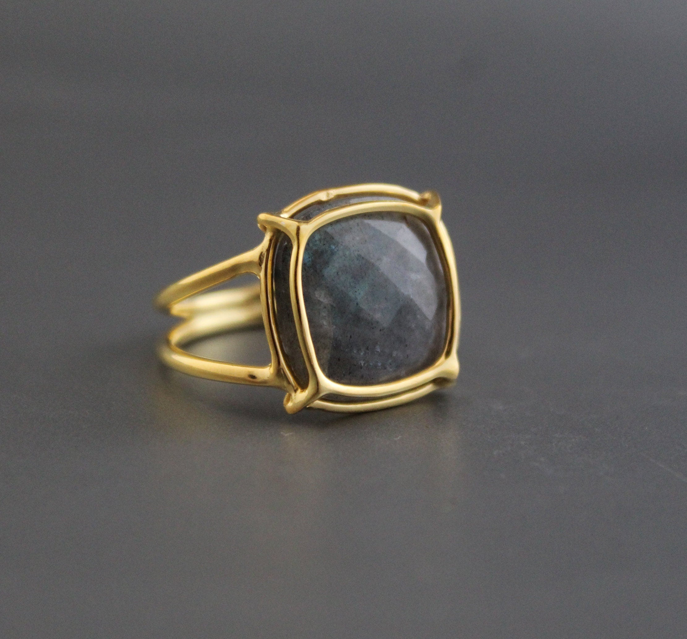 Natural Labradorite Ring, Gold Wired ring, Cushion 925 Sterling Silver Ring, Handmade Gemstone Jewelry