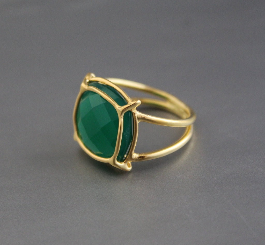 Green Onyx Ring, Boho Silver Ring, Thin Band Delicate Ring, 925 Sterling Silver Statement Jewelry, 14K Gold Vermiel