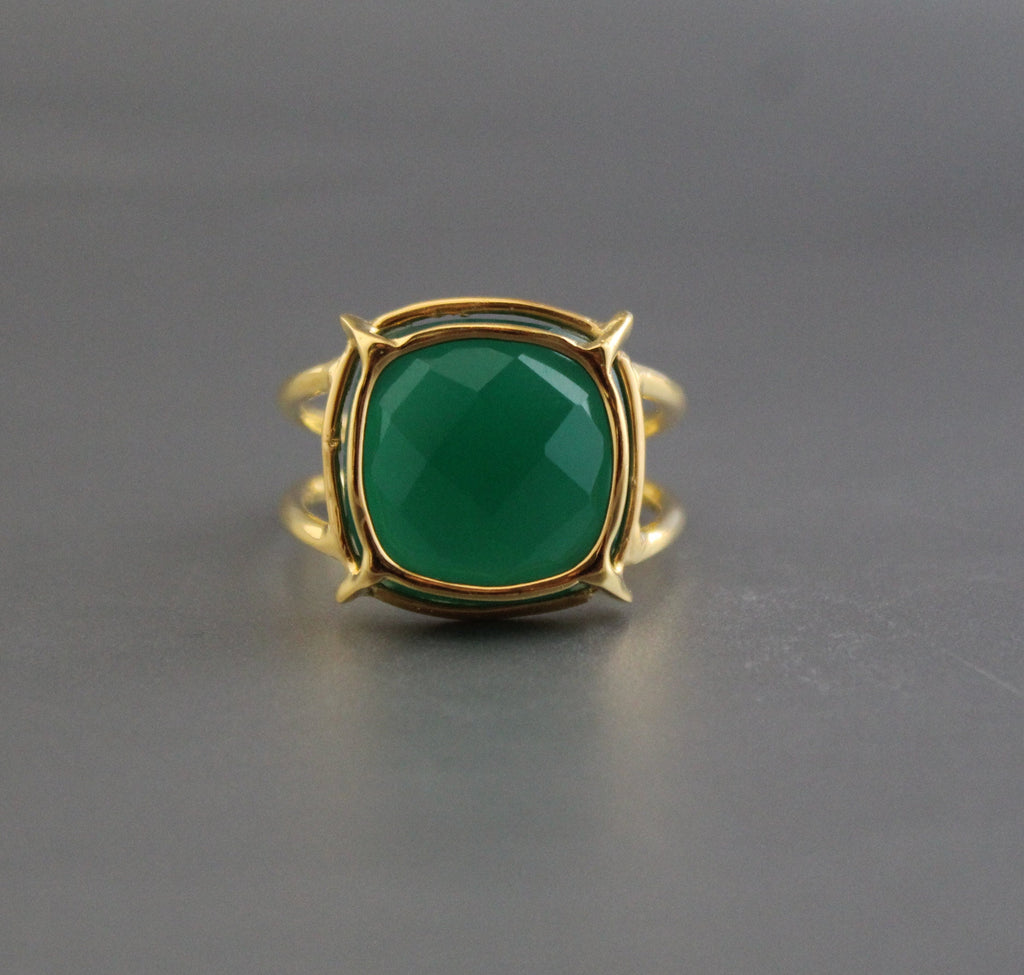 Green Onyx Ring, Boho Silver Ring, Thin Band Delicate Ring, 925 Sterling Silver Statement Jewelry, 14K Gold Vermiel