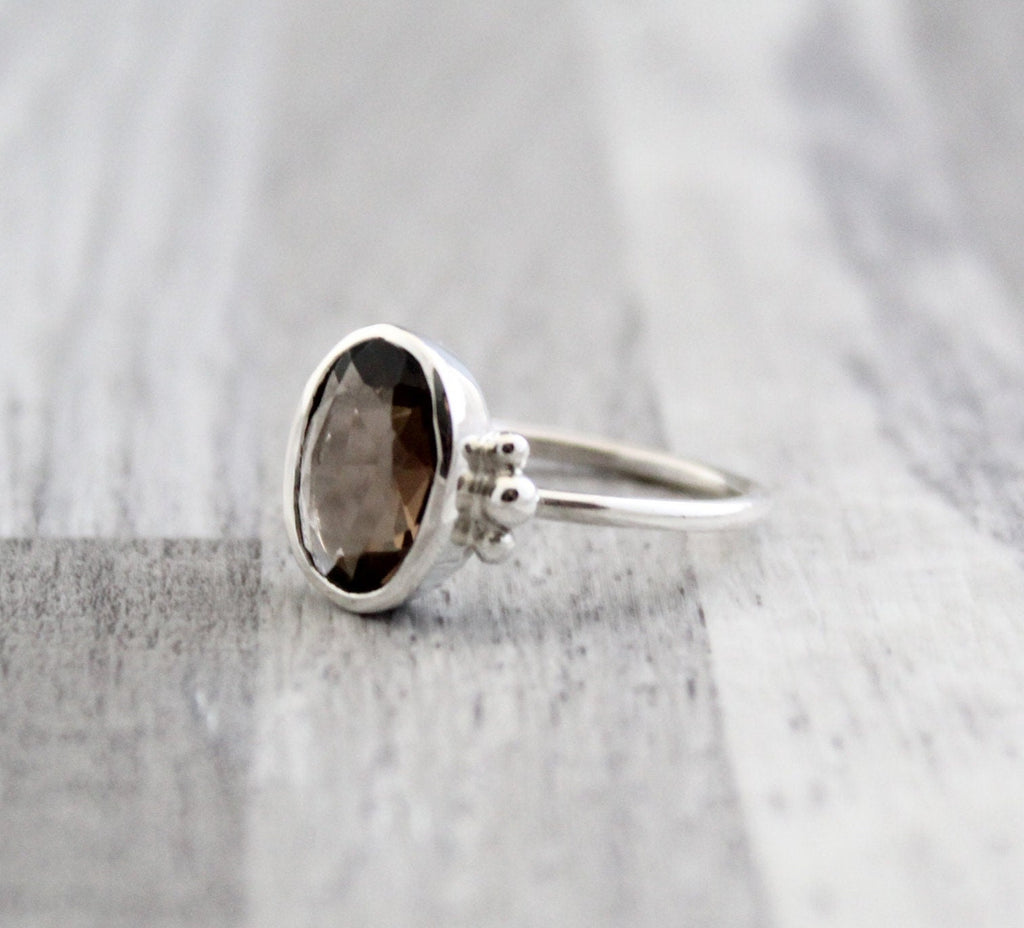 Handmade Sterling Silver Smoky Quartz Ring: Oval Rose Cut