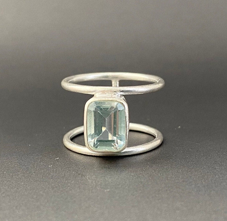 Aquamarine Ring, Octagon Cut, Silver March Birthstone, gift for Mom