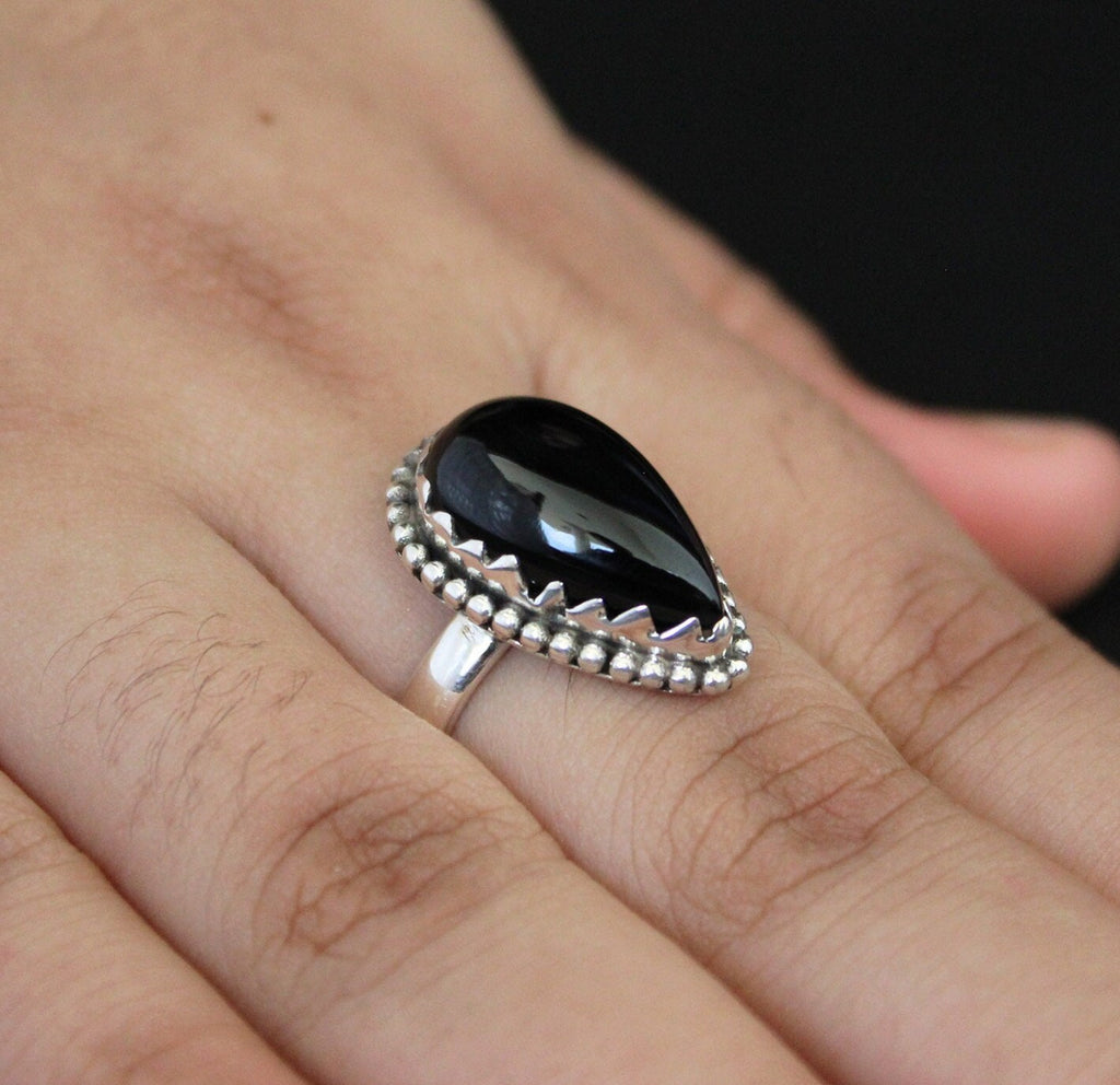 Black Onyx Teardrop Ring in Sterling Silver, Vintage Onyx Stone, Handmade Silver Black Onyx Ring, Retro Boho Jewelry Gift