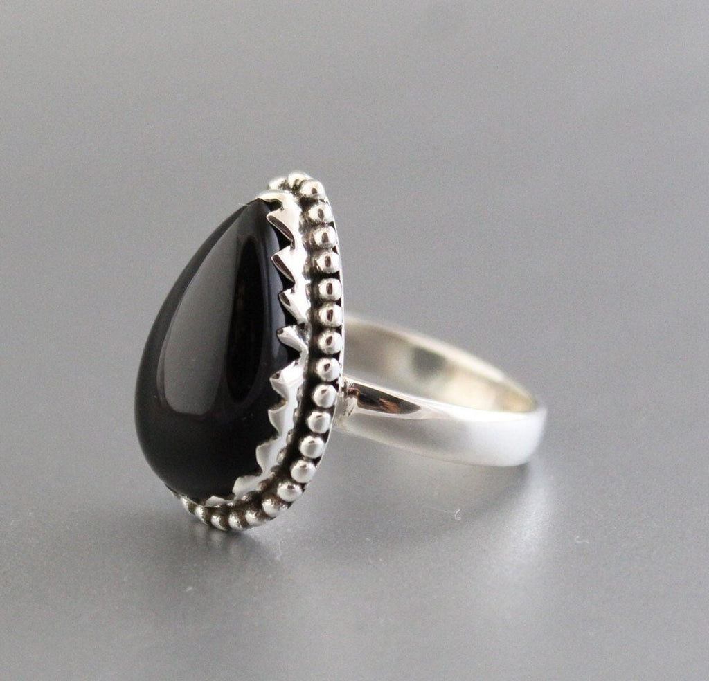 Black Onyx Teardrop Ring in Sterling Silver, Vintage Onyx Stone, Handmade Silver Black Onyx Ring, Retro Boho Jewelry Gift
