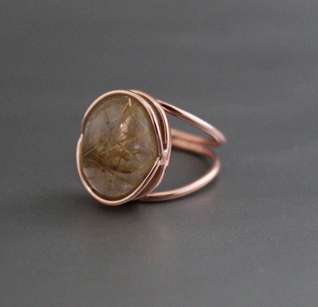 Golden Rutilated Quartz Ring, Sterling Silver, Gemini Birthstone, Natural Rutilated quartz, Gold Engagement Ring, Gift for Mom