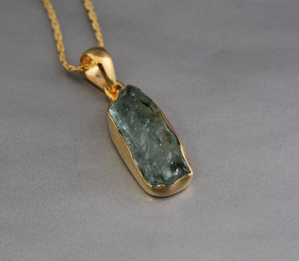 Raw Aquamarine Necklace: 18K Gold, March Birthstone, Sterling Silver