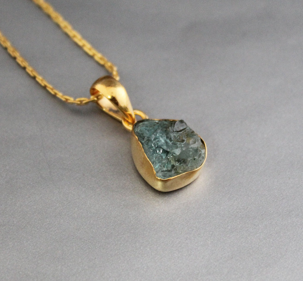 Raw Aquamarine Necklace: Sterling Silver Crystal Pendant