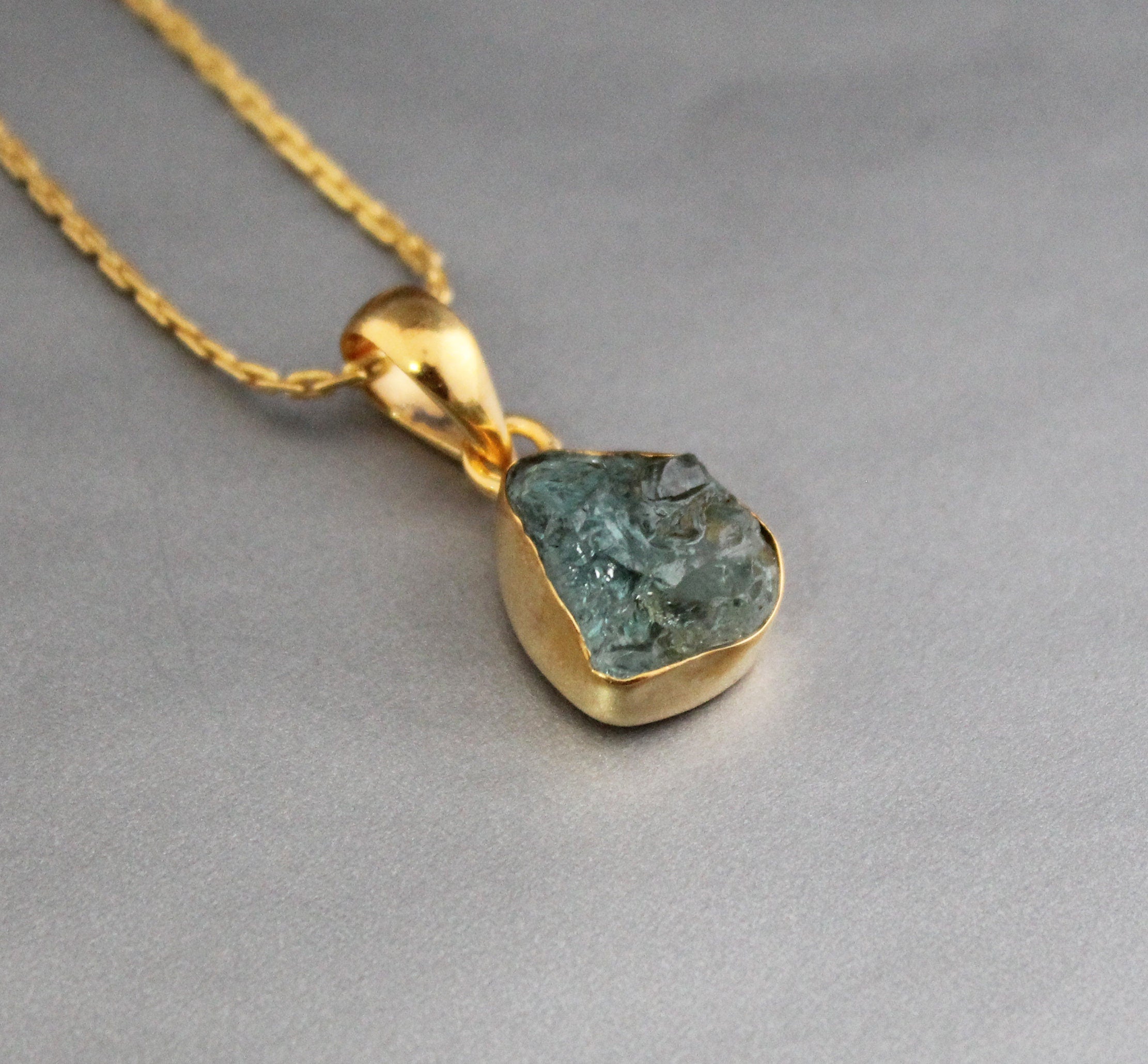 Raw Aquamarine Necklace: Sterling Silver Crystal Pendant
