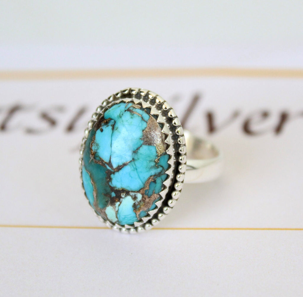 Sterling Silver Oval copper Turquoise Gemstone Ring, Bezel Solitaire Ring, Anniversary Ring