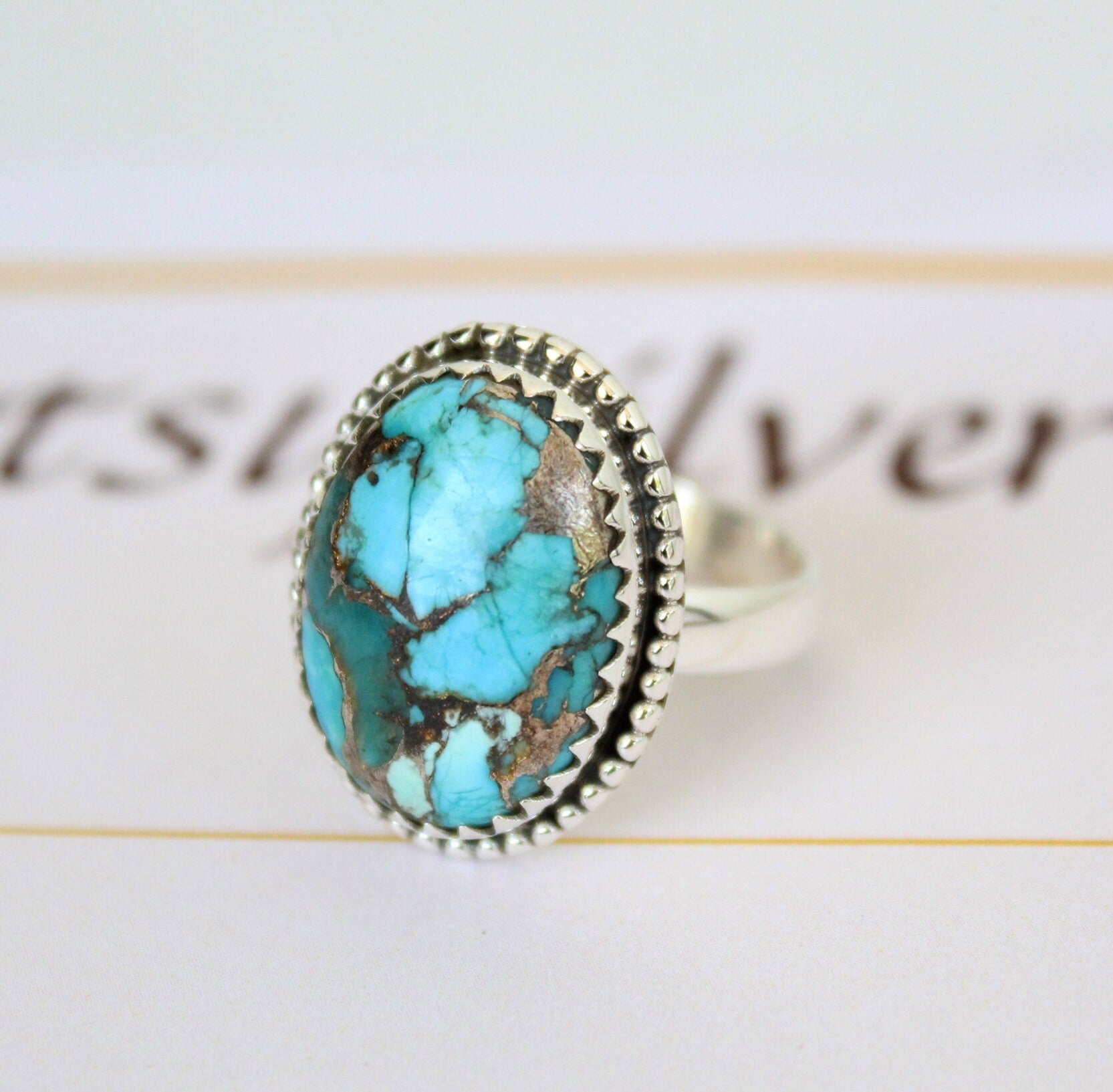Sterling Silver Oval copper Turquoise Gemstone Ring, Bezel Solitaire Ring, Anniversary Ring