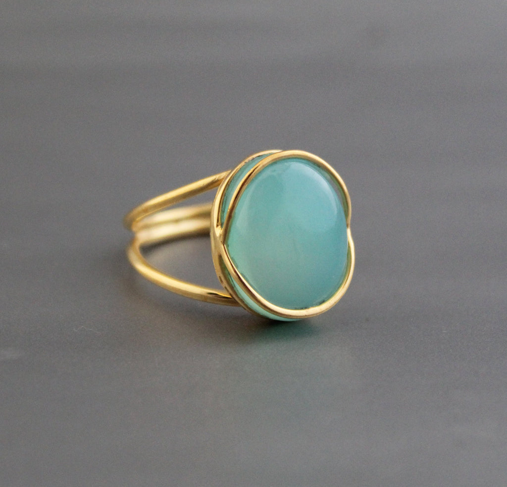 Aqua Chalcedony Ring: Oval Gemstone, 18K Gold & Sterling Silver, Handmade