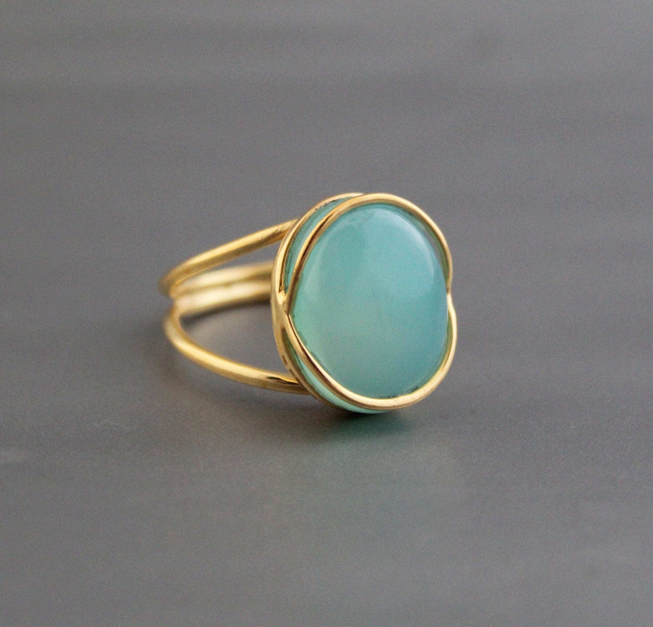 Aqua Chalcedony Ring: Oval Gemstone, 18K Gold & Sterling Silver, Handmade