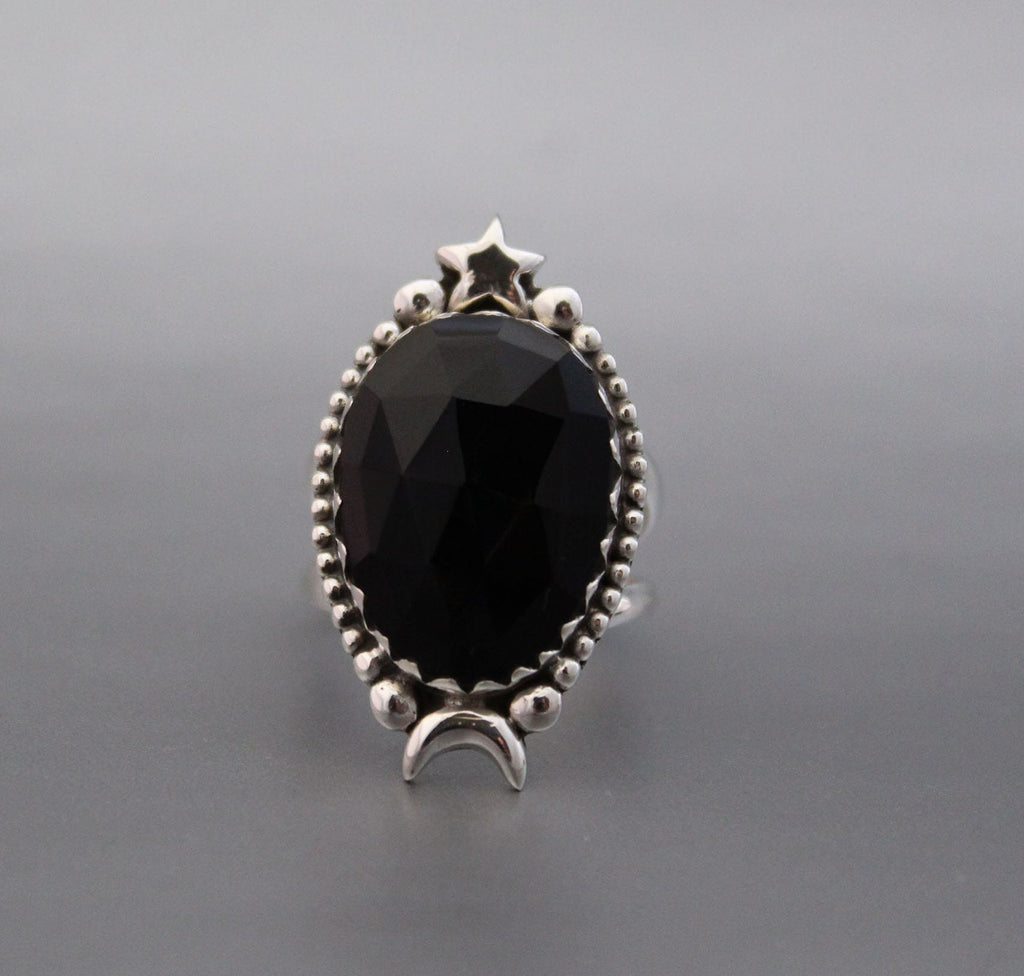 Black Onyx Ring, Moon and Stars Ring, Large silver Rings, Statement Handmade Jewelry, Birthday Gifts