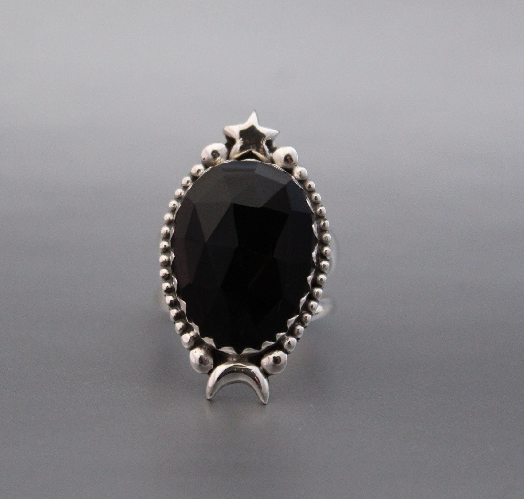 Black Onyx Ring, Moon and Stars Ring, Large silver Rings, Statement Handmade Jewelry, Birthday Gifts
