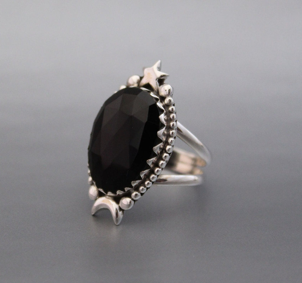 Black Onyx Ring, Moon and Stars Ring, Large silver Rings, Statement Handmade Jewelry, Birthday Gifts