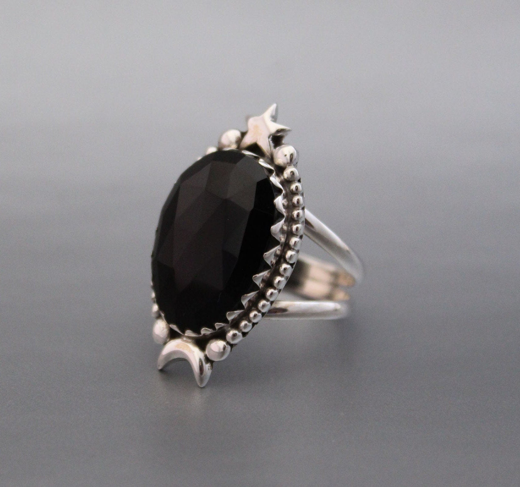 Black Onyx Ring, Moon and Stars Ring, Large silver Rings, Statement Handmade Jewelry, Birthday Gifts