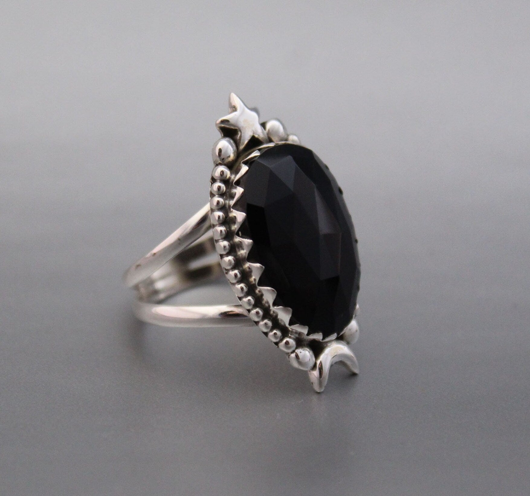 Black Onyx Ring, Moon and Stars Ring, Large silver Rings, Statement Handmade Jewelry, Birthday Gifts