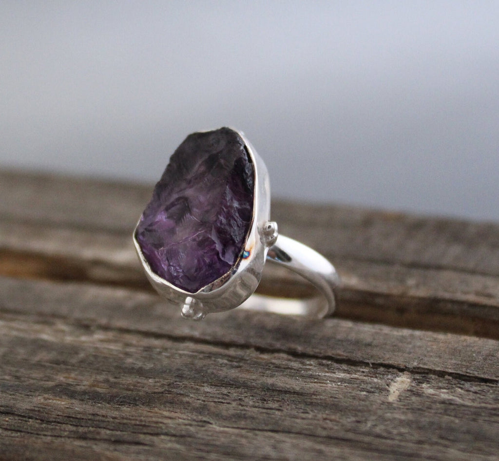 Raw Amethyst Ring, 925 Sterling Silver, Rough Stone, Unique Birthstone Ring, Gift For Her, Boho Jewelry