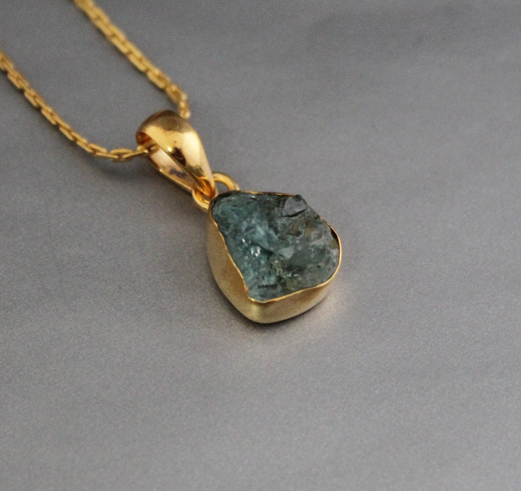 Raw Aquamarine Necklace: Sterling Silver Crystal Pendant