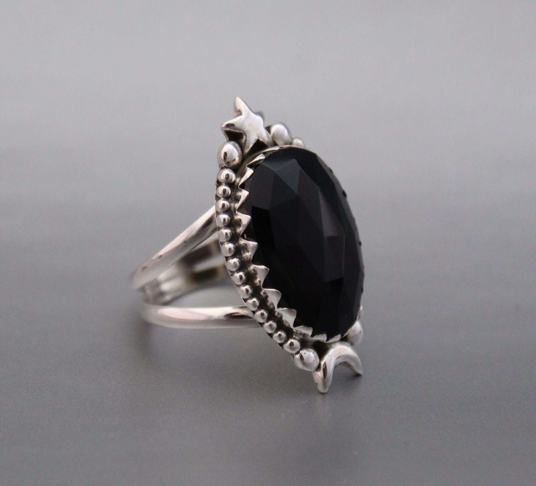 Black Onyx Ring, Moon and Stars Ring, Large silver Rings, Statement Handmade Jewelry, Birthday Gifts