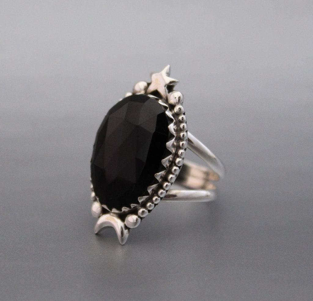 Black Onyx Ring, Moon and Stars Ring, Large silver Rings, Statement Handmade Jewelry, Birthday Gifts