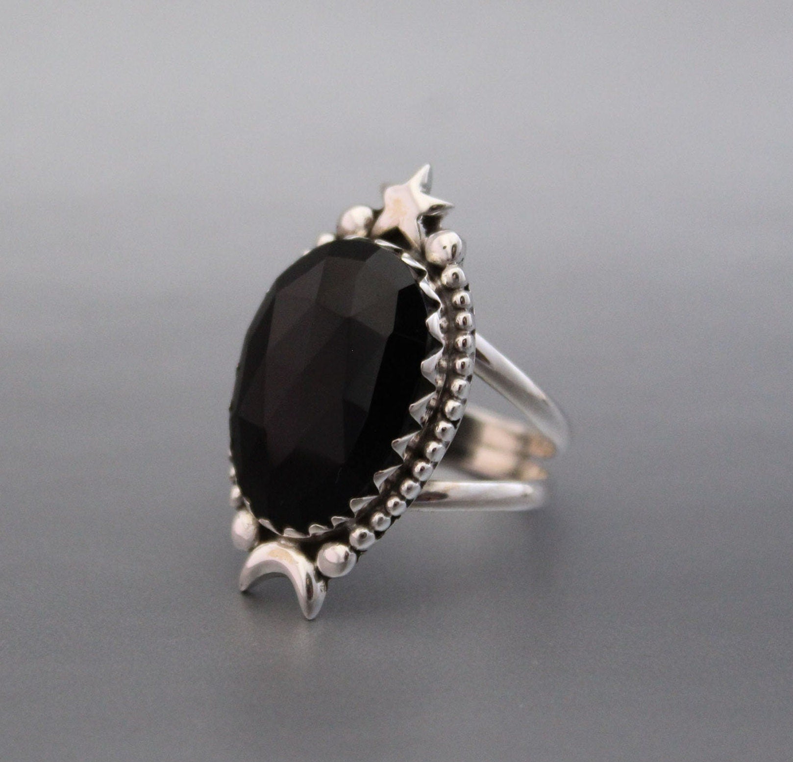 Black Onyx Ring, Moon and Stars Ring, Large silver Rings, Statement Handmade Jewelry, Birthday Gifts