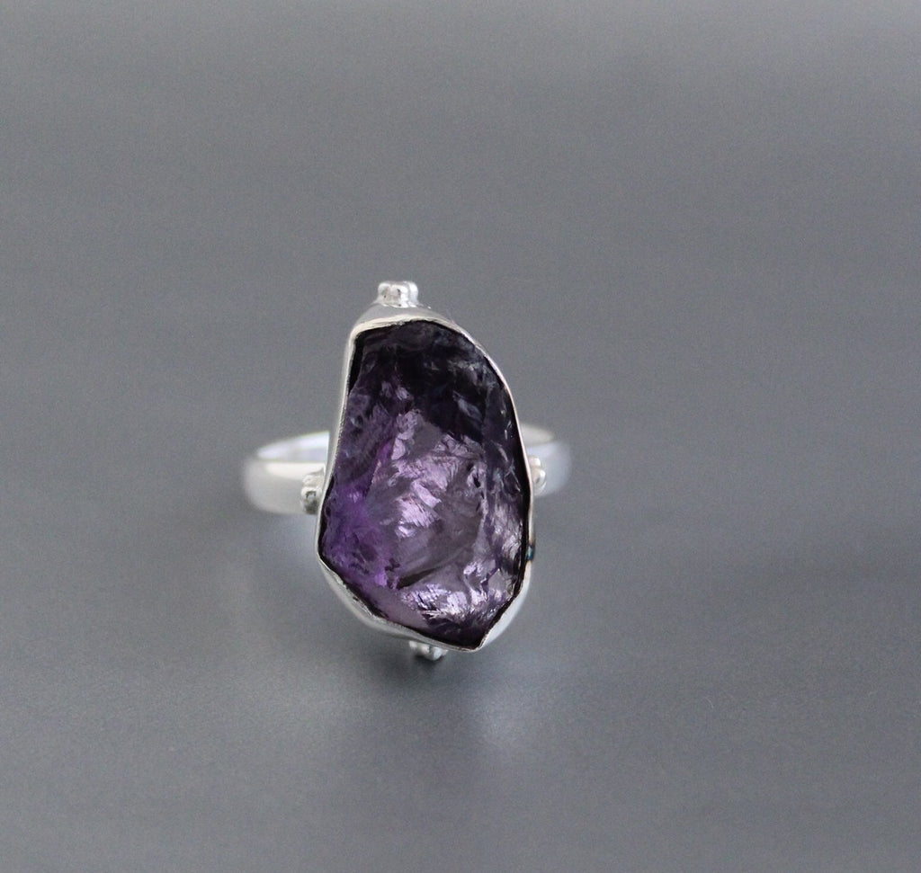 Raw Amethyst Ring, 925 Sterling Silver, Rough Stone, Unique Birthstone Ring, Gift For Her, Boho Jewelry