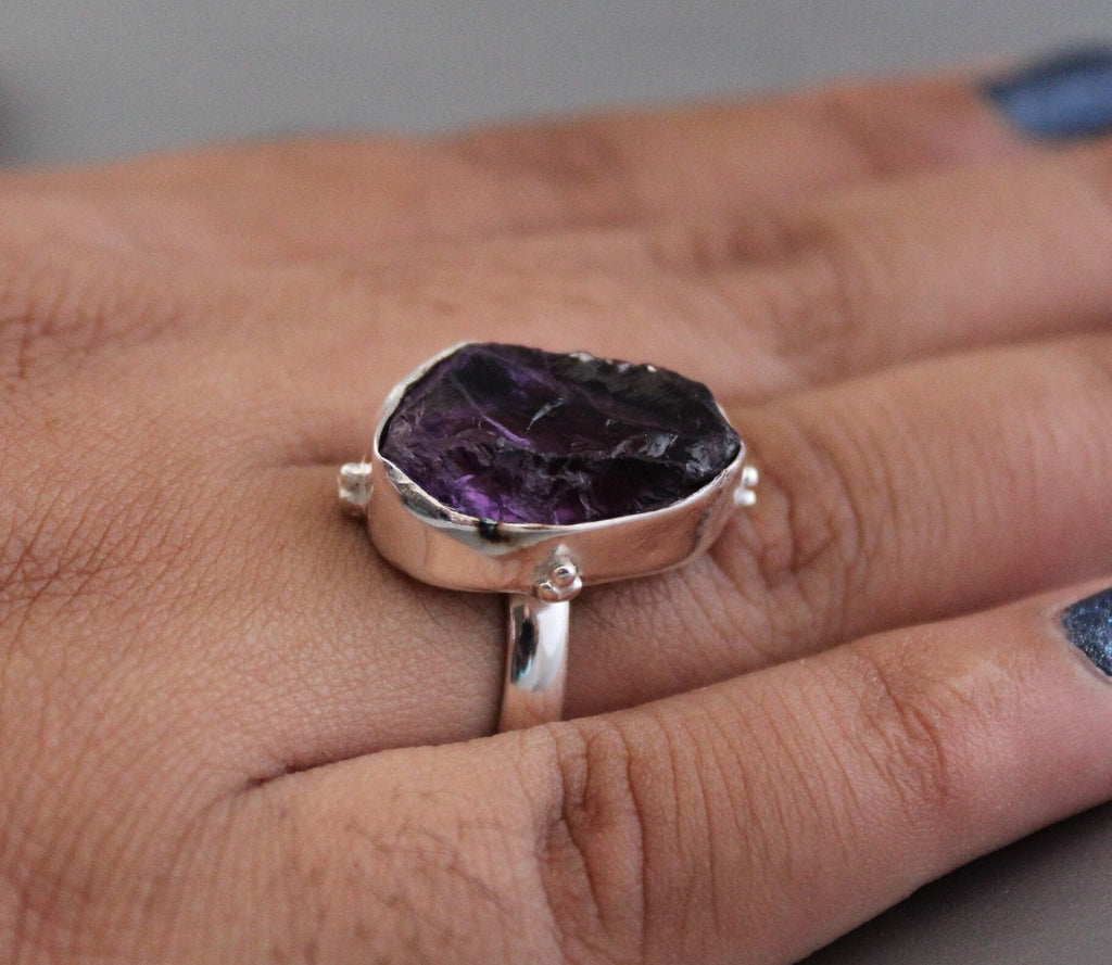 Raw Amethyst Ring, 925 Sterling Silver, Rough Stone, Unique Birthstone Ring, Gift For Her, Boho Jewelry
