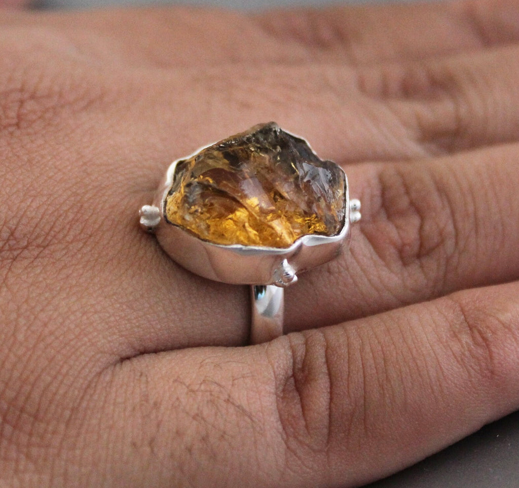 Raw Citrine Ring, Sterling Silver Rings for Women, Raw Stone Ring, Stackable Rings, Gemstone Ring, Boho Jewelry, Crystal Ring, Minimalist
