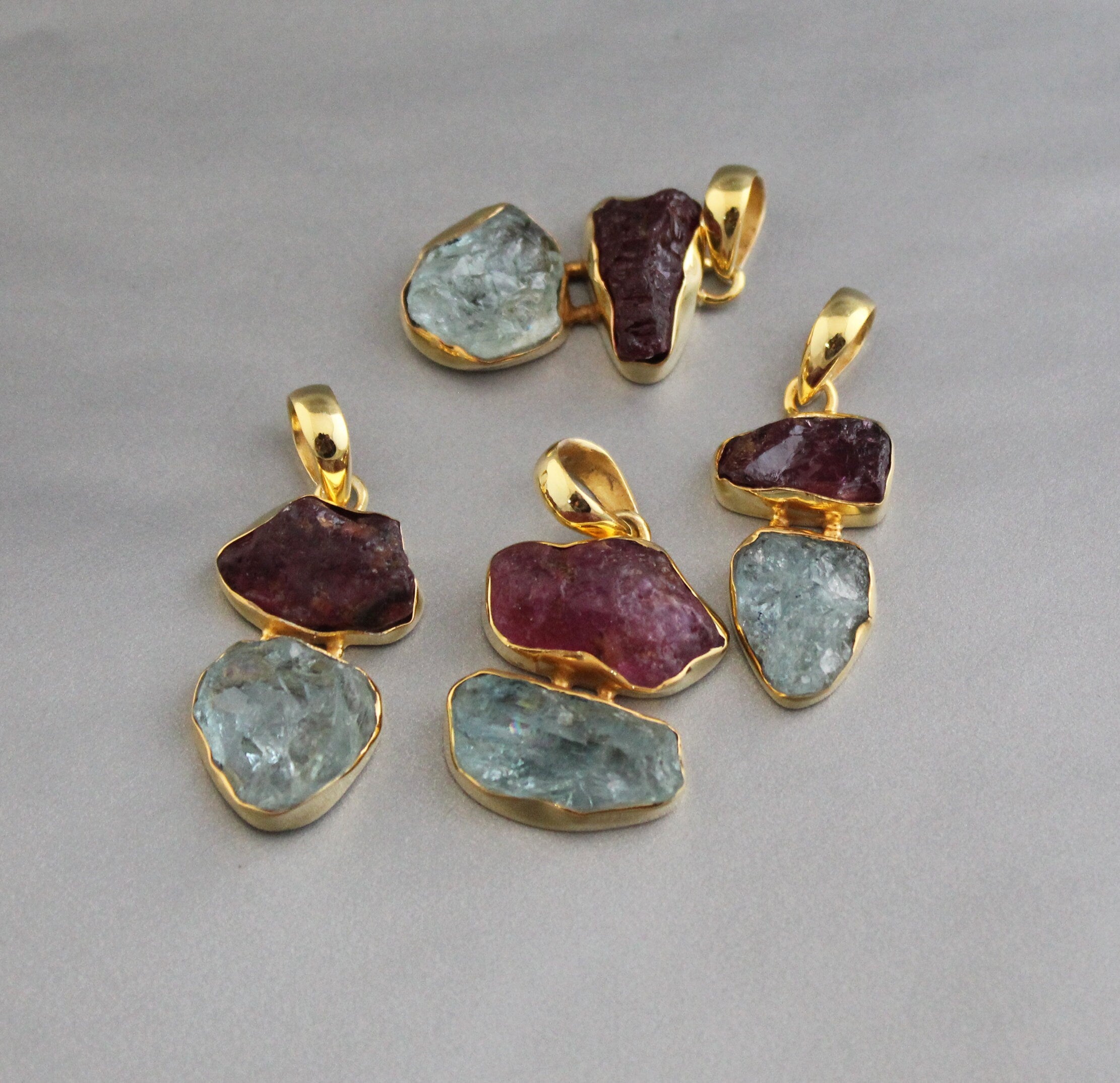 Raw Aquamarine & Tourmaline Necklace, Sterling Silver Gemstone Pendant, 18K Gold vermiel, necklace for Men