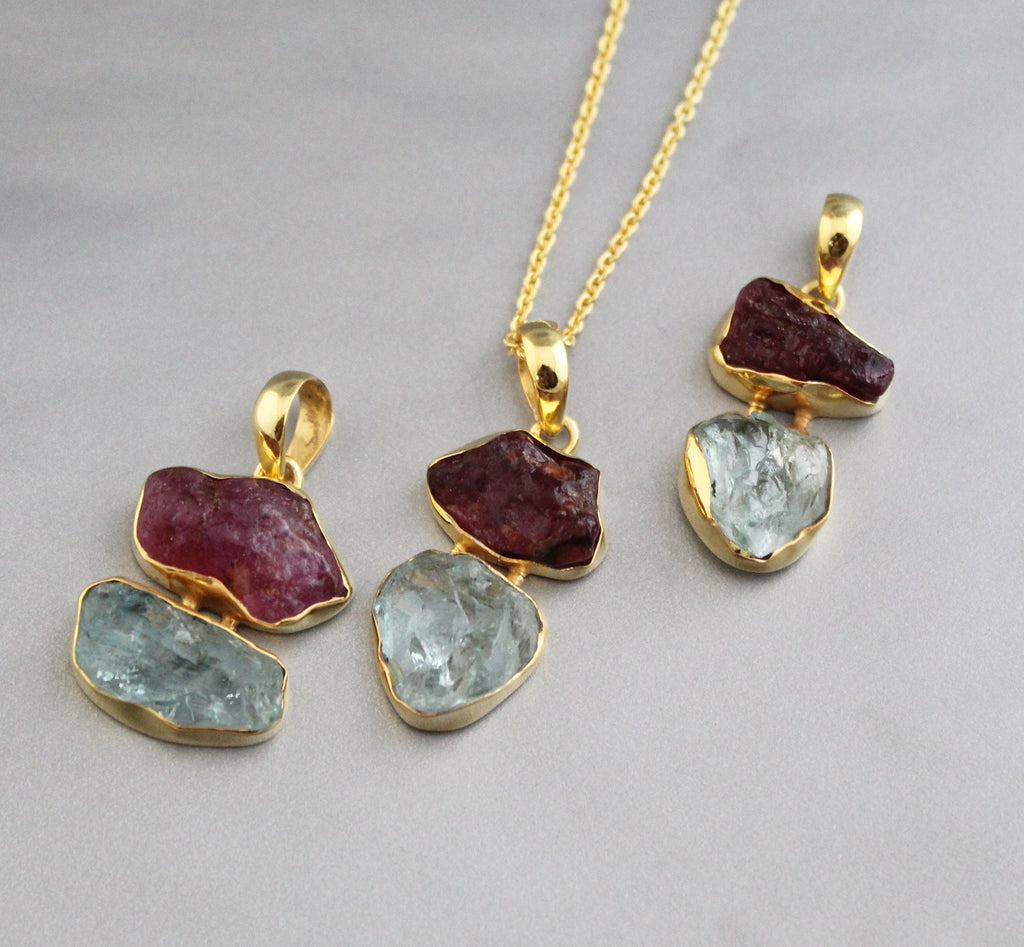 Raw Aquamarine & Tourmaline Necklace, Sterling Silver Gemstone Pendant, 18K Gold vermiel, necklace for Men