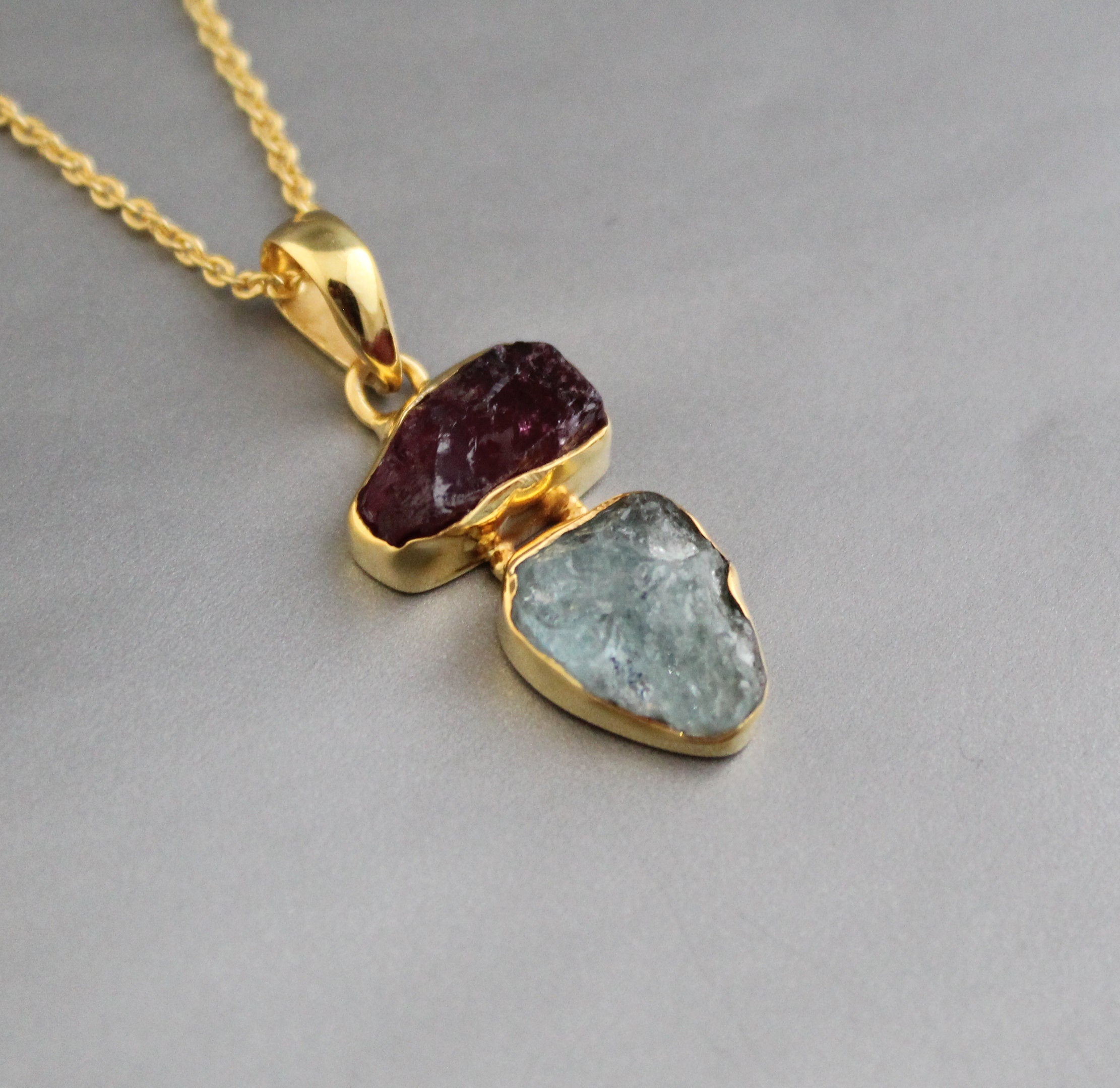 Raw Aquamarine & Tourmaline Necklace, Sterling Silver Gemstone Pendant, 18K Gold vermiel, necklace for Men