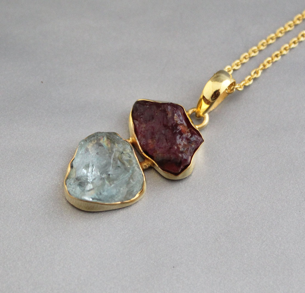 Raw Aquamarine & Tourmaline Necklace, Sterling Silver Gemstone Pendant, 18K Gold vermiel, necklace for Men