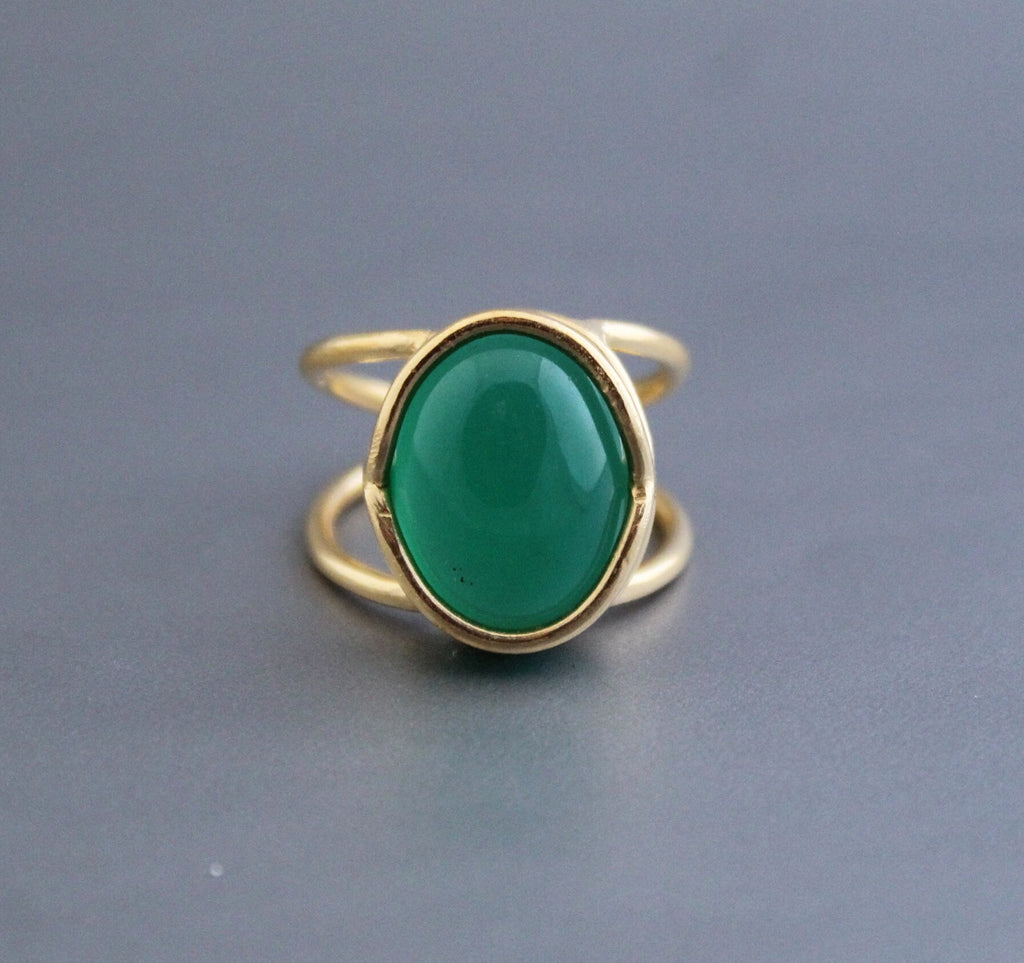 Green Onyx 18K Gold Ring, Vintage Onyx Stone Ring, Handmade Silver Onyx Ring, Retro Boho Jewelry Gift for Her, Gemstone Ring