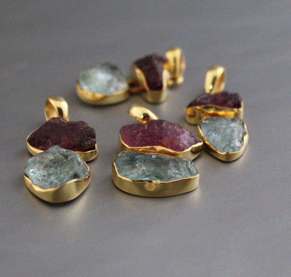 Raw Aquamarine & Tourmaline Necklace, Sterling Silver Gemstone Pendant, 18K Gold vermiel, necklace for Men