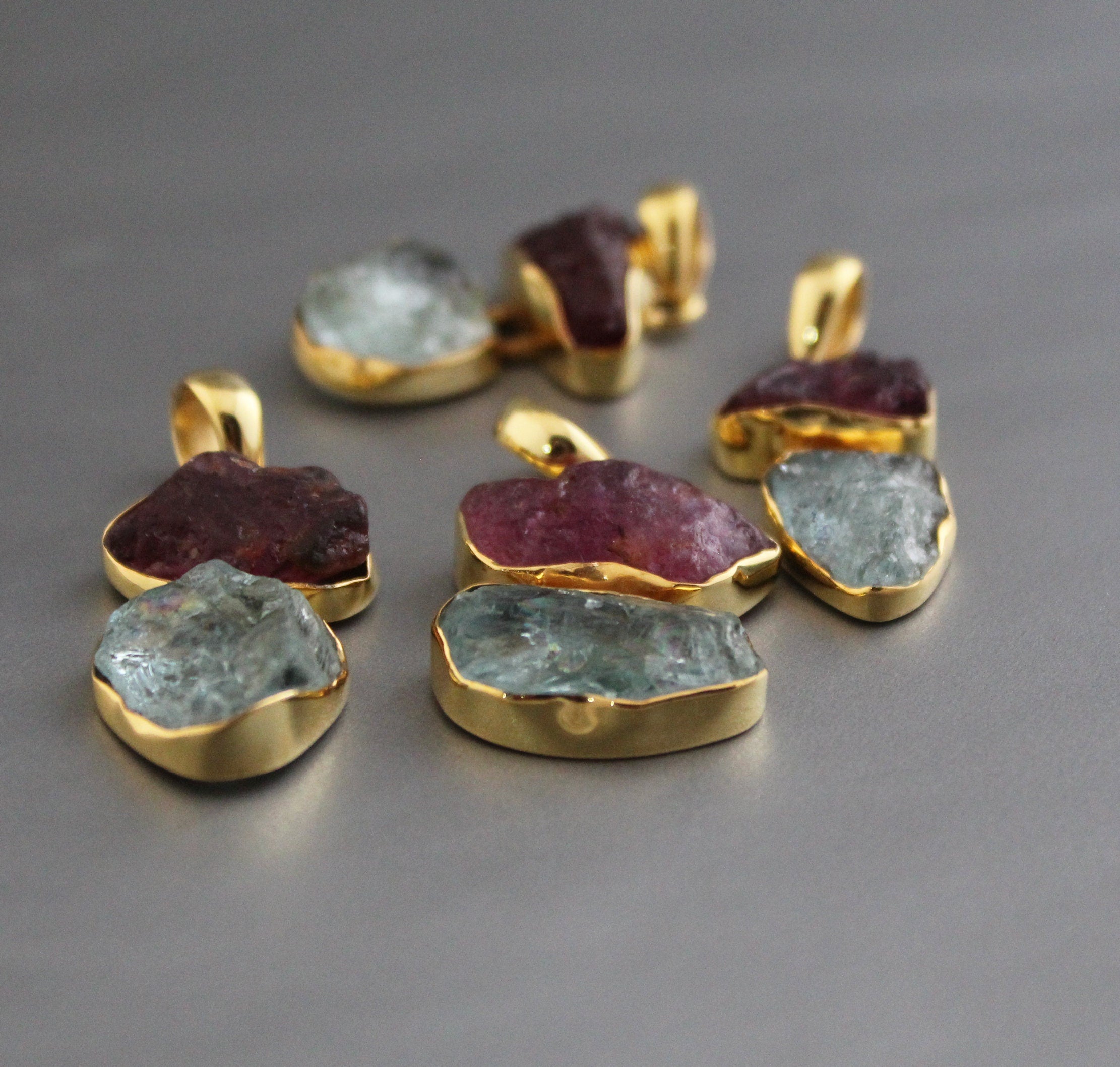 Raw Aquamarine & Tourmaline Necklace, Sterling Silver Gemstone Pendant, 18K Gold vermiel, necklace for Men