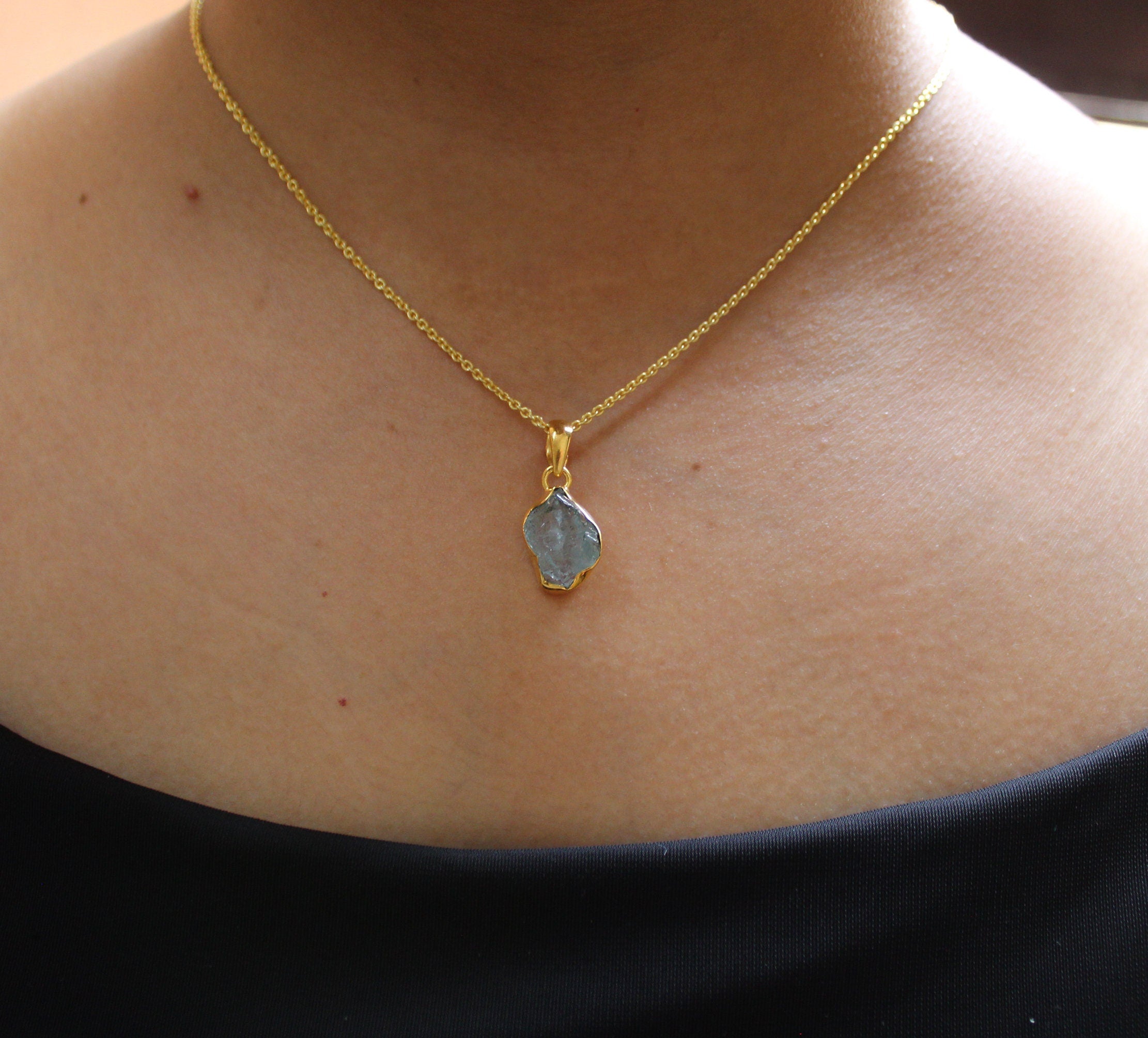 Raw Aquamarine Necklace: 18K Gold, March Birthstone, Sterling Silver