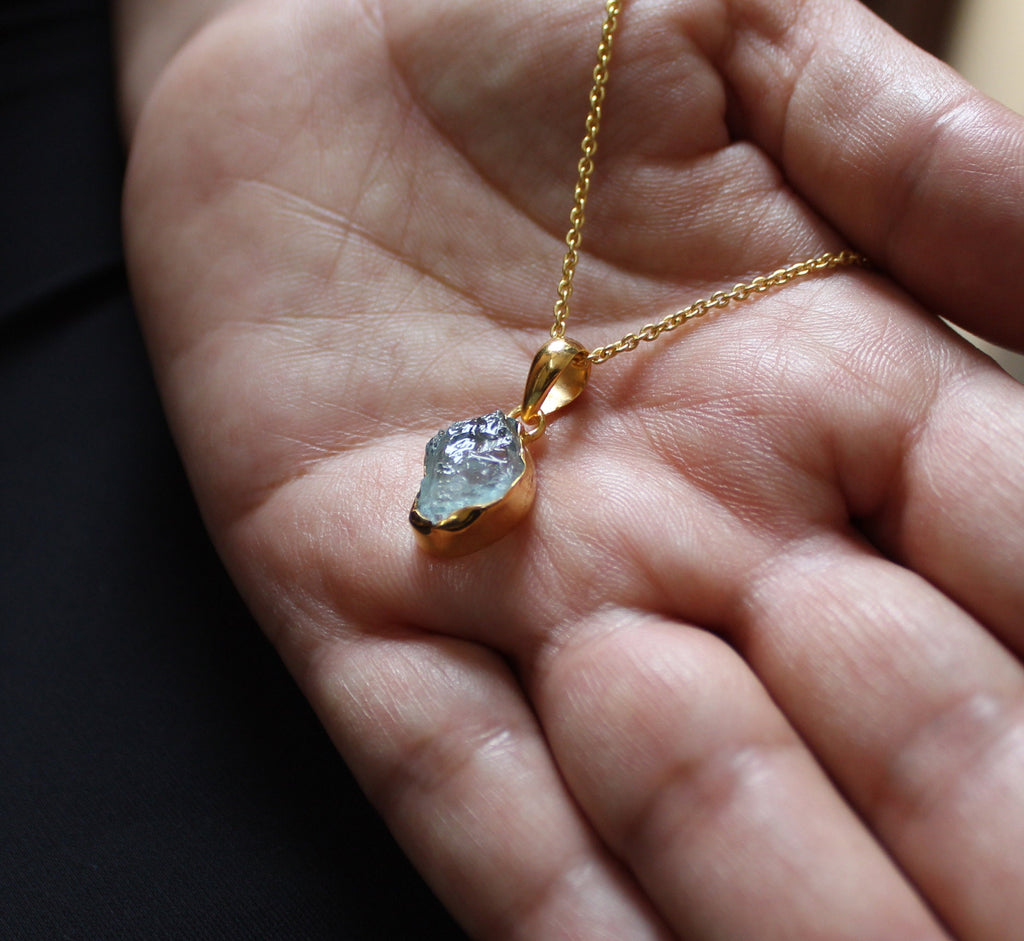 Raw Aquamarine Necklace: 18K Gold, March Birthstone, Sterling Silver