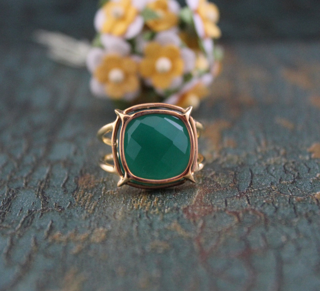 Green Onyx Ring, Boho Silver Ring, Thin Band Delicate Ring, 925 Sterling Silver Statement Jewelry, 14K Gold Vermiel