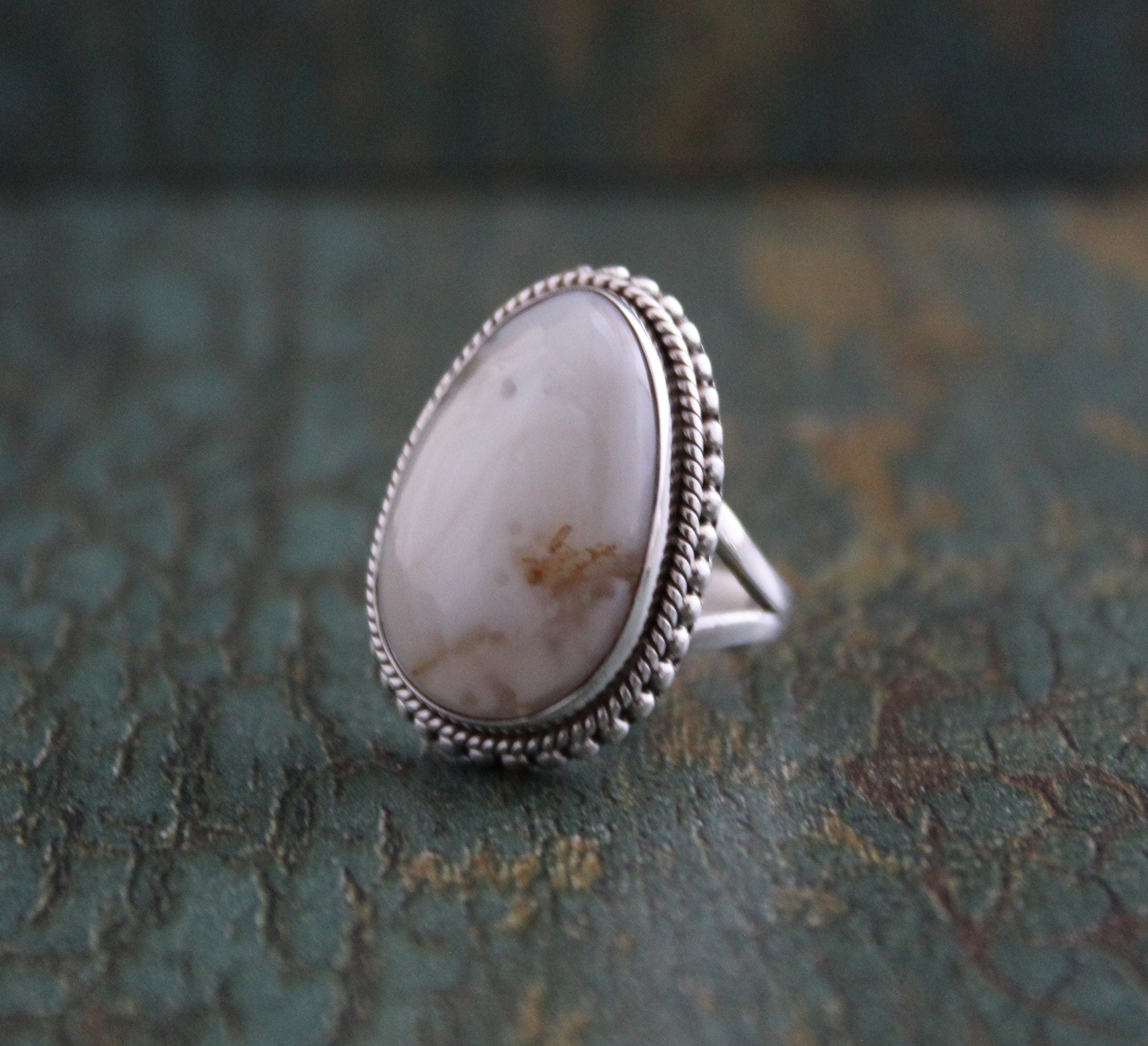 White Agate Ring, Art Deco Jewelry, Anniversary Gift, Gift for Mom, 925 Sterling Silver Handmade