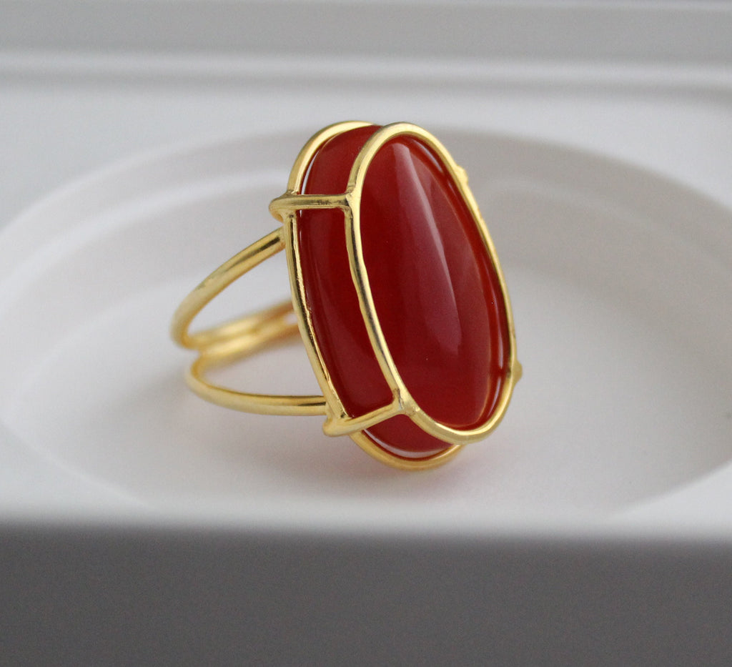 Carnelian Ring, Large Oval Cabochon, Gemstone Ring, 18k Gold Plated Ring, Statement Boho Ring, 925 Sterling Silver Ring