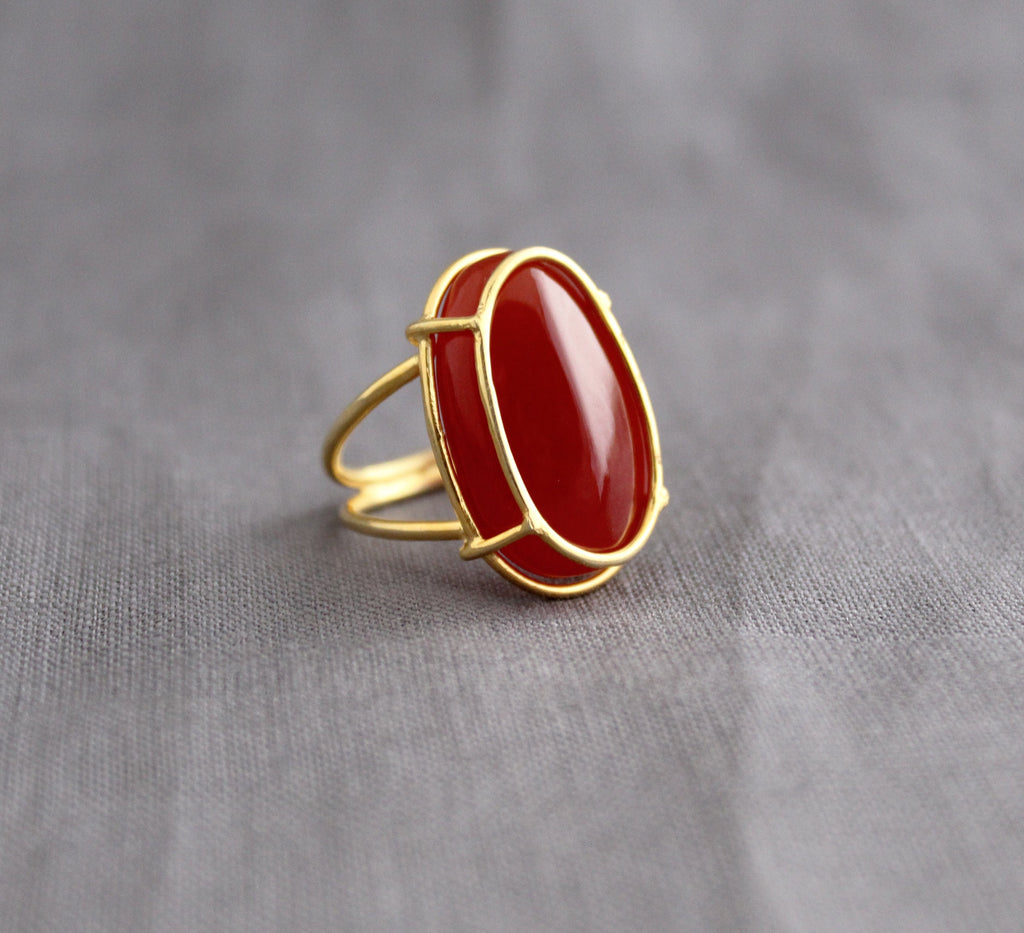 Carnelian Ring, Large Oval Cabochon, Gemstone Ring, 18k Gold Plated Ring, Statement Boho Ring, 925 Sterling Silver Ring
