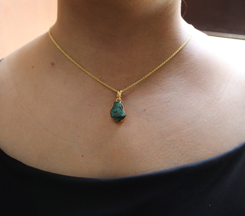 Raw Emerald Necklace: Handmade 18K Gold May Birthstone Pendant